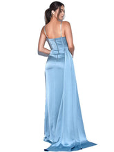 Load image into Gallery viewer, Tiffany Blue Strappy Satin Corset High Slit Gown
