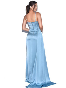 Tiffany Blue Strappy Satin Corset High Slit Gown