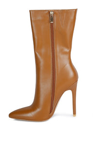 Tan Over Ankle Pointed Toe High Heeled Boot