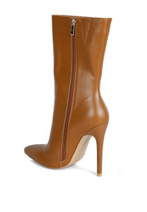 Tan Over Ankle Pointed Toe High Heeled Boot