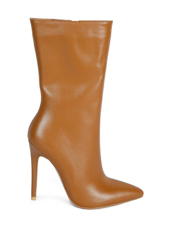 Tan Over Ankle Pointed Toe High Heeled Boot