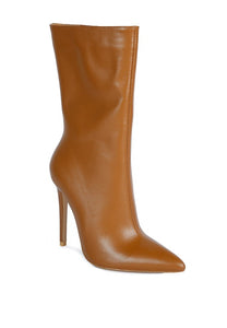 Tan Over Ankle Pointed Toe High Heeled Boot