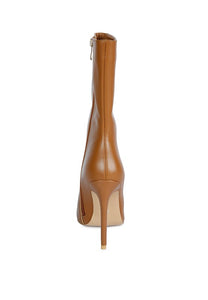 Tan Over Ankle Pointed Toe High Heeled Boot