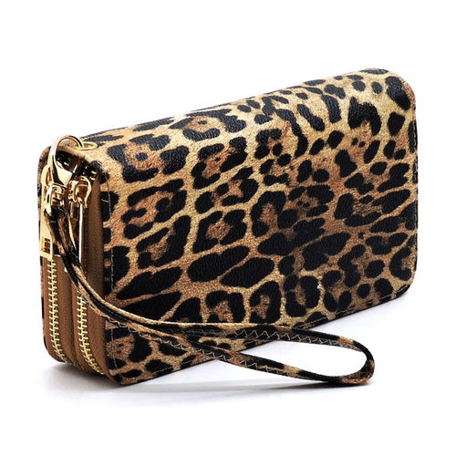 Leopard Double Zip Around Wallet Wristlet Purse