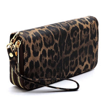 Load image into Gallery viewer, Leopard Double Zip Around Wallet Wristlet Purse