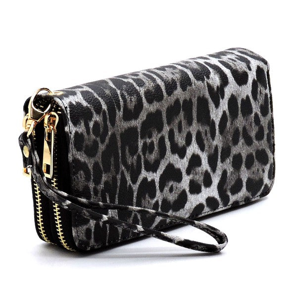 Leopard Double Zip Around Wallet Wristlet Purse