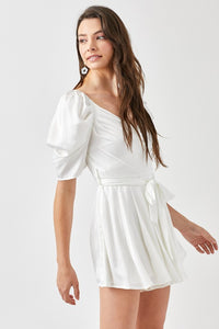 White Pleated Puff Sleeve Overwrap Romper