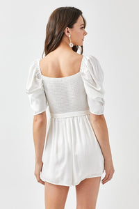 White Pleated Puff Sleeve Overwrap Romper