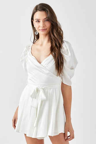 White Pleated Puff Sleeve Overwrap Romper