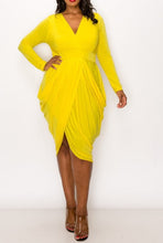 Load image into Gallery viewer, Curve Ruched Orange Long Sleeve Deep V Midi Dress