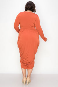 Curve Ruched Orange Long Sleeve Deep V Midi Dress