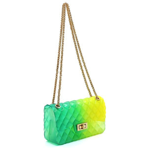 Quilt Embossed Green/Yellow Multi Color Jelly Shoulder Bag