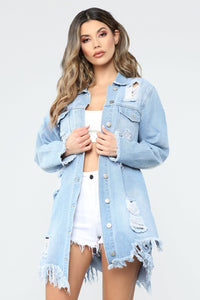 Casual Ripped Light Wash Denim Jacket