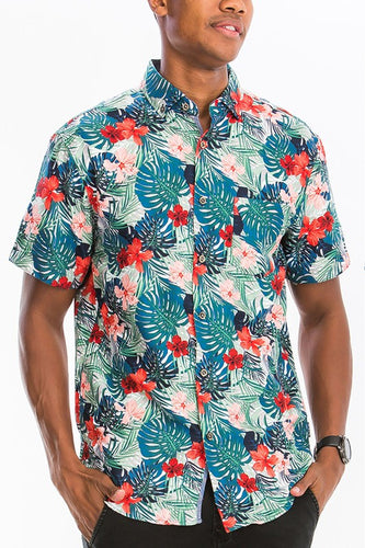 Men's Blue Hawaiian Print Button Down Shirt