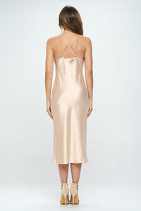 Satin Beige Bias Slip Dress with Slit