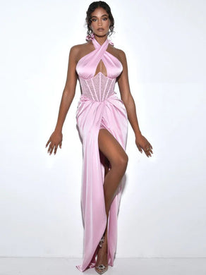 Naomi Draped Halter Pink Crystal Corset Satin Gown