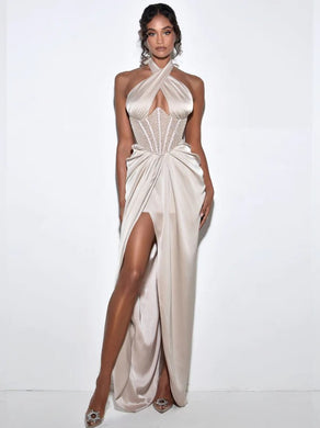 Naomi Draped Halter Champagne Crystal Corset Satin Gown