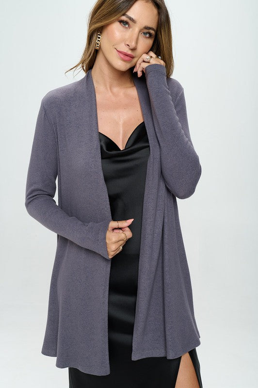 Brushed Knit Dark Cement Draped Cashmere Cardigan