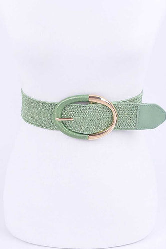 Green Oval Buckle Faux Straw Elastic Belt