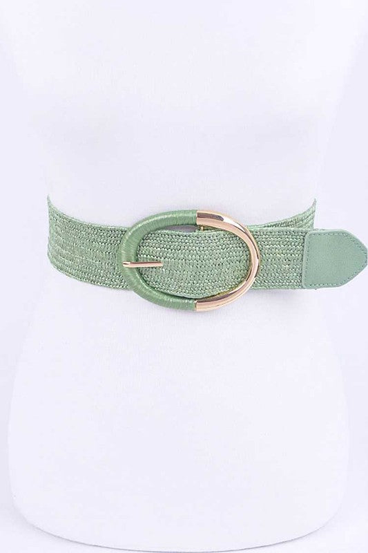 Green Oval Buckle Faux Straw Elastic Belt