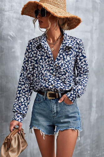 Women's Navy Blue Printed Long Sleeve Blouse