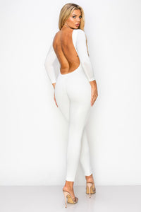 Summer White Knit Long Sleeve Open Back Jumpsuit