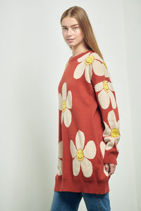 Happy Face Knit Loose Fit Flower Sweater