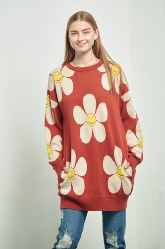 Happy Face Knit Loose Fit Flower Sweater