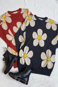 Happy Face Knit Loose Fit Flower Sweater