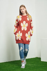 Happy Face Knit Loose Fit Flower Sweater