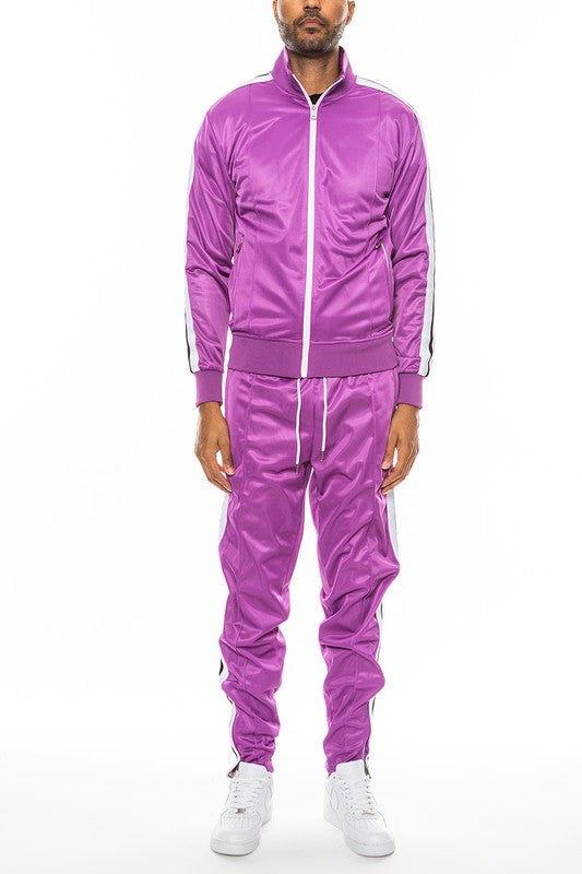 Men's Purple Striped Tape Front Pleated Zipper Jacket & Pants Tracksuit