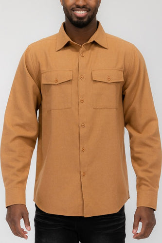 Men's Camel Long Sleeve Solid Flannel Shirt