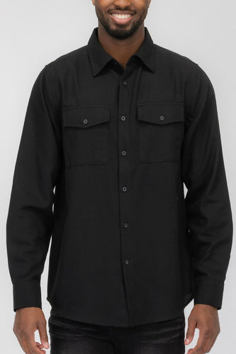 Men's Black Long Sleeve Solid Flannel Shirt