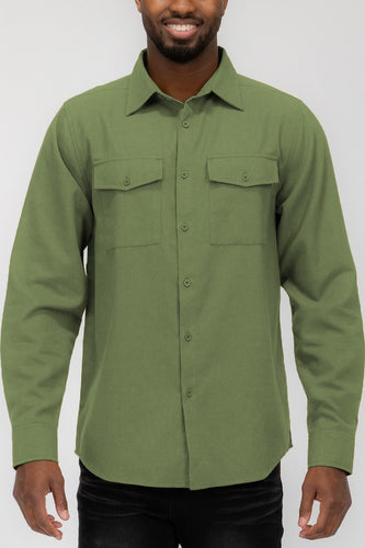 Men's Olive Long Sleeve Solid Flannel Shirt