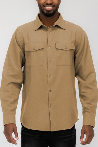 Men's Khaki Long Sleeve Solid Flannel Shirt