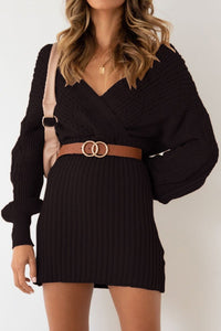 Cozy Knit Wrap Style Mocha Brown Batwing Sweater Mini Dress