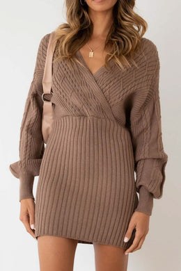 Cozy Knit Wrap Style Mocha Brown Batwing Sweater Mini Dress