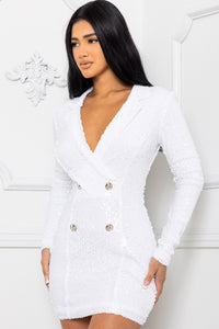 White Sequin Double Breasted Long Sleeve Mini Dress