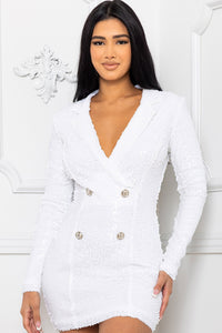 White Sequin Double Breasted Long Sleeve Mini Dress