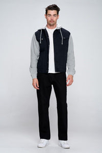 Men's Black Denim Jacket with Fleece Hood