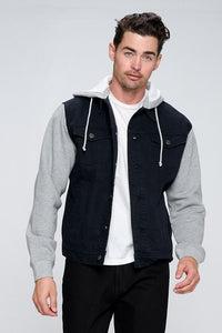 Men's Black Denim Jacket with Fleece Hood