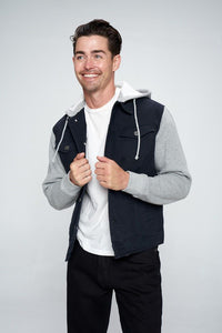 Men's Black Denim Jacket with Fleece Hood