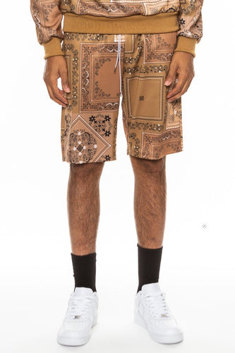 Men's Khaki Paisley Bandana Print Shorts