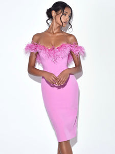 Gorgeous Pink Corset Feathered Off Shoulder Midi Dress