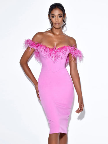 Gorgeous Pink Corset Feathered Off Shoulder Midi Dress