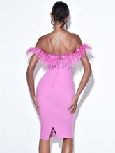 Load image into Gallery viewer, Gorgeous Pink Corset Feathered Off Shoulder Midi Dress