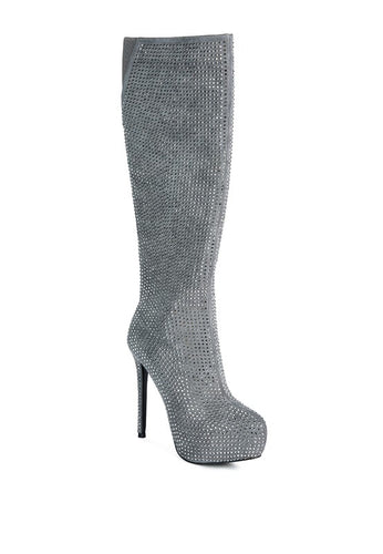 Grey Rhinestone Embellished Stiletto Calf Boots