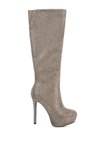 Taupe Rhinestone Embellished Stiletto Calf Boots