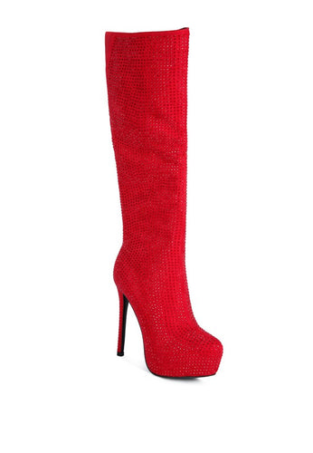 Red Rhinestone Embellished Stiletto Calf Boots