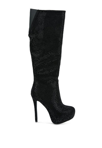 Black Rhinestone Embellished Stiletto Calf Boots